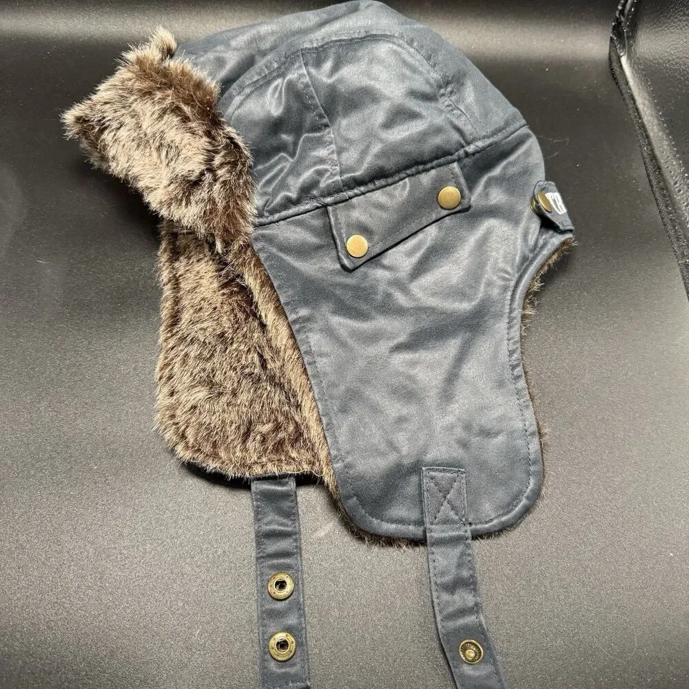 New True Religion Trapper Hat One Size Blue Faux Fur Lined Snap Ear Flaps